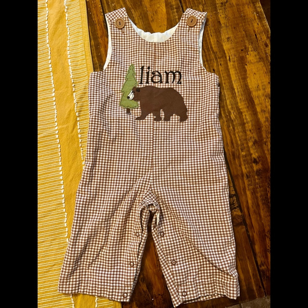 Custom “Liam” Woodland Gingham Jon Jon Romper with Bear